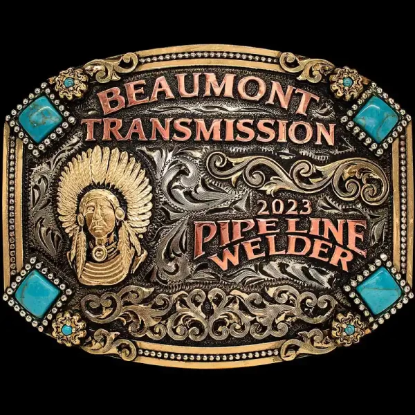 The Cherokee Belt Buckle is perfect for any occupation! Hand crafted on a silver base, this western charm buckle is detailed with large turqouise stones and copper lettering. Personalize it now!